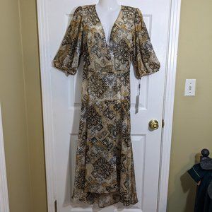 Calvin Klein Brown Gold Mixed Print V Neck Wrap Maxi Dress - size 12 NWT
